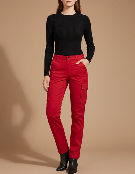 Pantalon Cargo Rouge Droit Multipoches Femme Coton - Toile