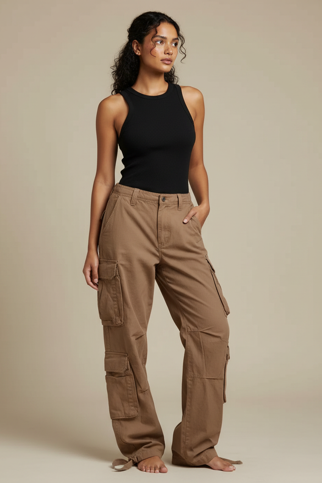 Pantalon Cargo Marron Ample Multipoches Vintage Femme - Toile