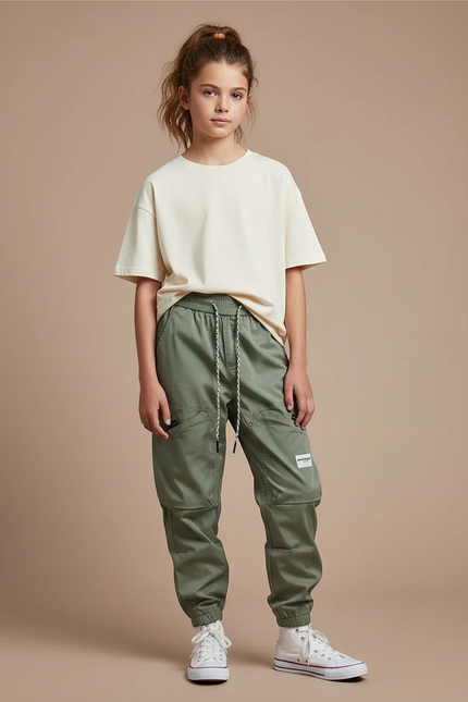 Pantalon Cargo Vert Kaki Ample Multipoches Enfant Urbain - Gabardine