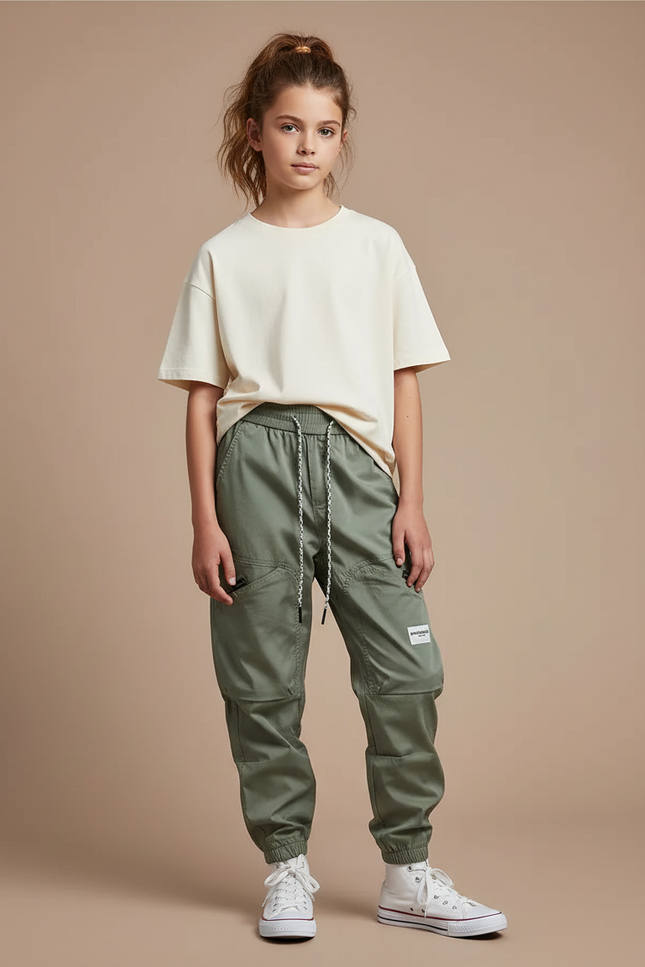 Pantalon Cargo Vert Kaki Ample Multipoches Enfant Urbain - Gabardine