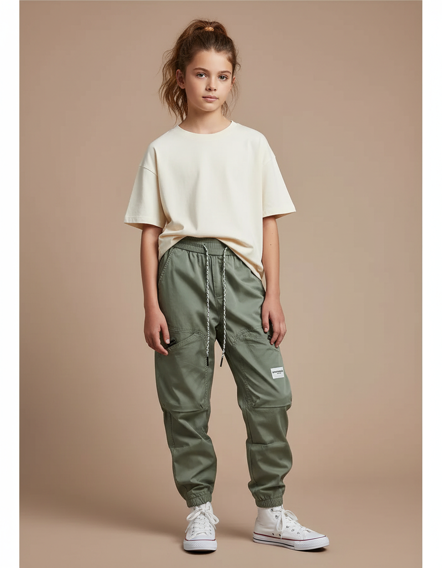 Pantalon Cargo Vert Kaki Ample Multipoches Enfant Urbain - Gabardine