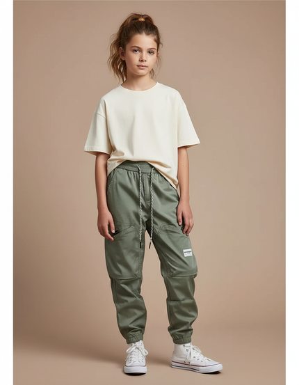 Pantalon Cargo Vert Kaki Ample Multipoches Enfant Urbain - Gabardine
