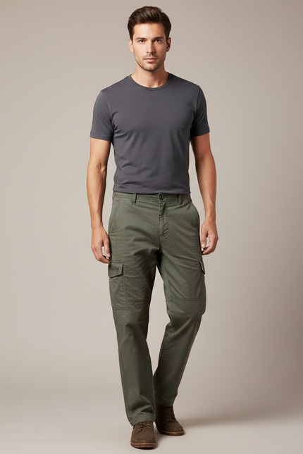 Pantalon Cargo Vert Coton Multipoches Ample Décontracté Homme - Kaki Toile