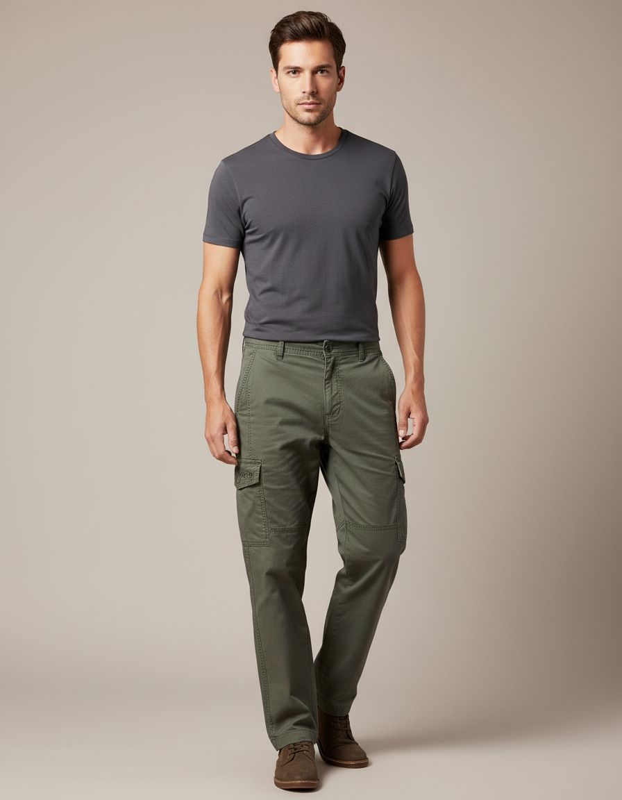 Pantalon Cargo Vert Coton Multipoches Ample Décontracté Homme - Kaki Toile