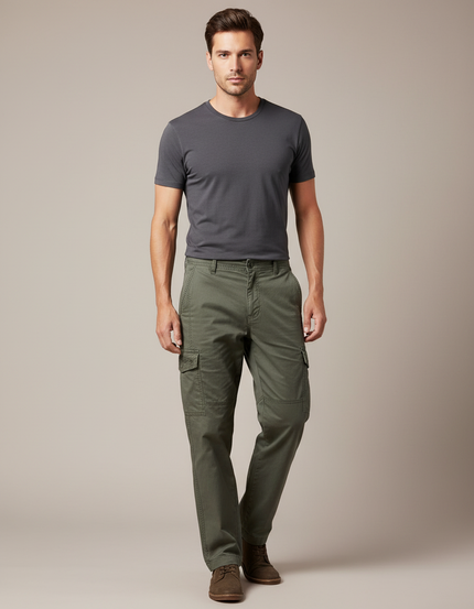 Pantalon Cargo Vert Coton Multipoches Ample Décontracté Homme - Kaki Toile