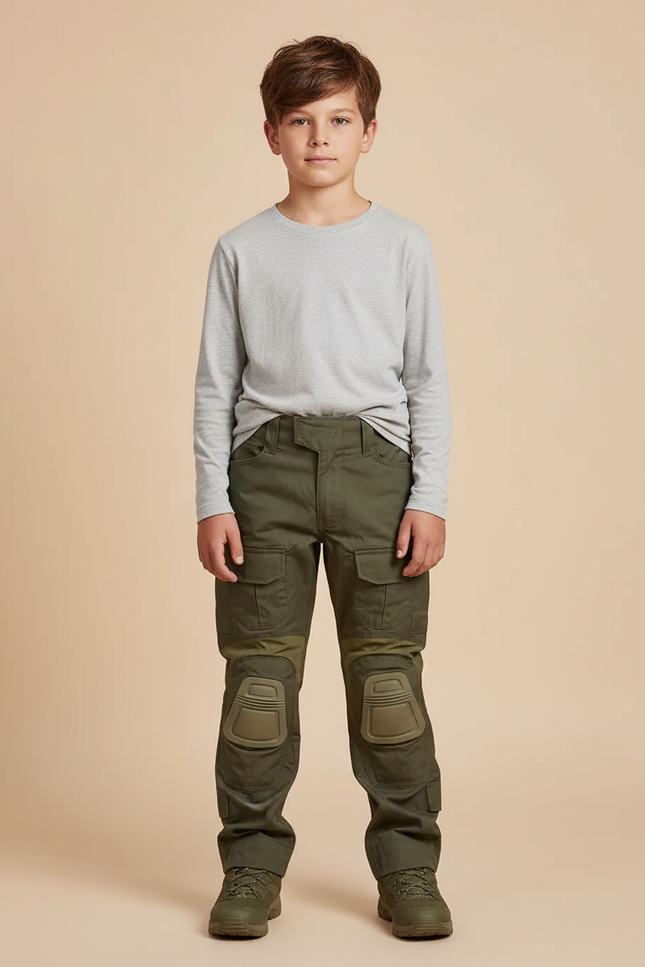 Pantalon Cargo Vert Militaire Genouillères Intégrées Enfant - Kaki Toile