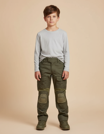 Pantalon Cargo Vert Militaire Genouillères Intégrées Enfant - Kaki Toile