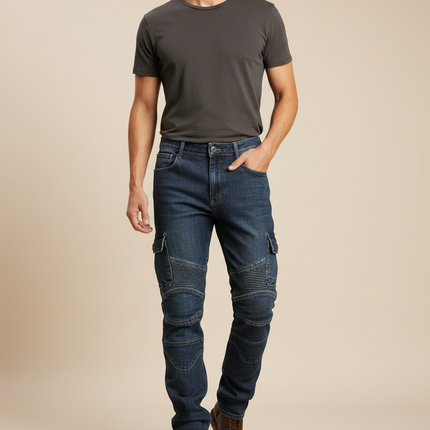 Pantalon Cargo Homme Denim Motard Multipoches - Bleu Jean