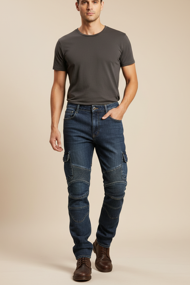 Pantalon Cargo Homme Denim Motard Multipoches - Bleu Jean
