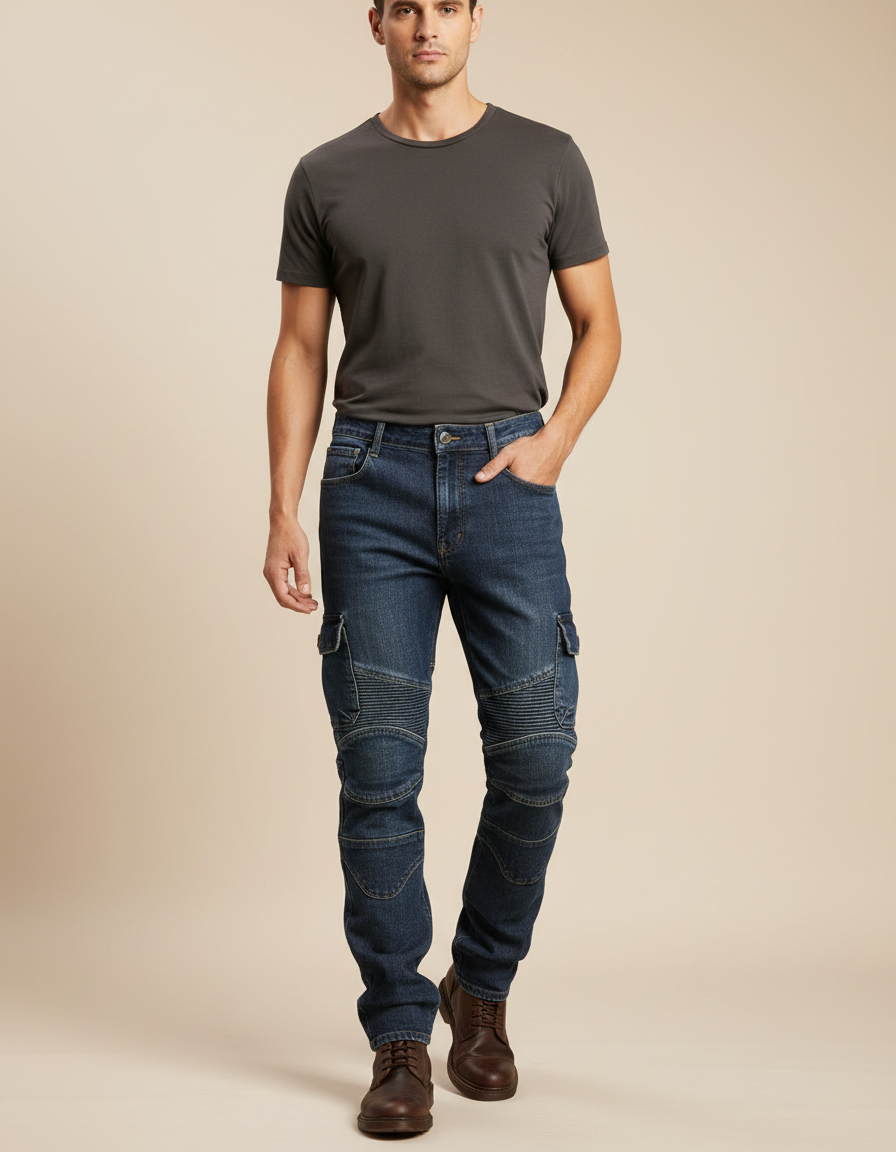 Pantalon Cargo Homme Denim Motard Multipoches - Bleu Jean