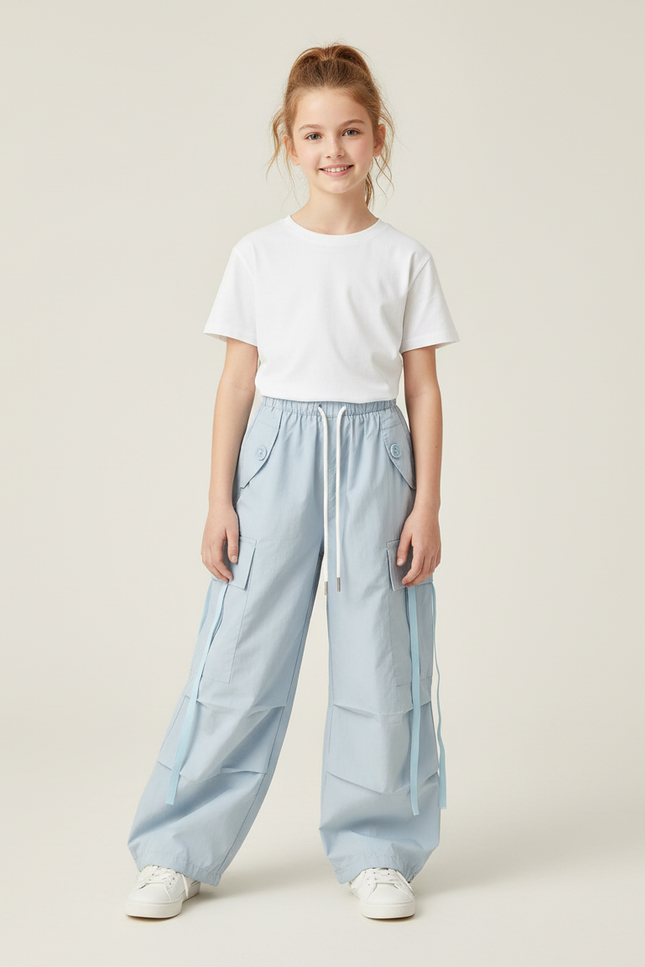 Pantalon Cargo Bleu Ciel Ample Poches Cordon Fille - Coton