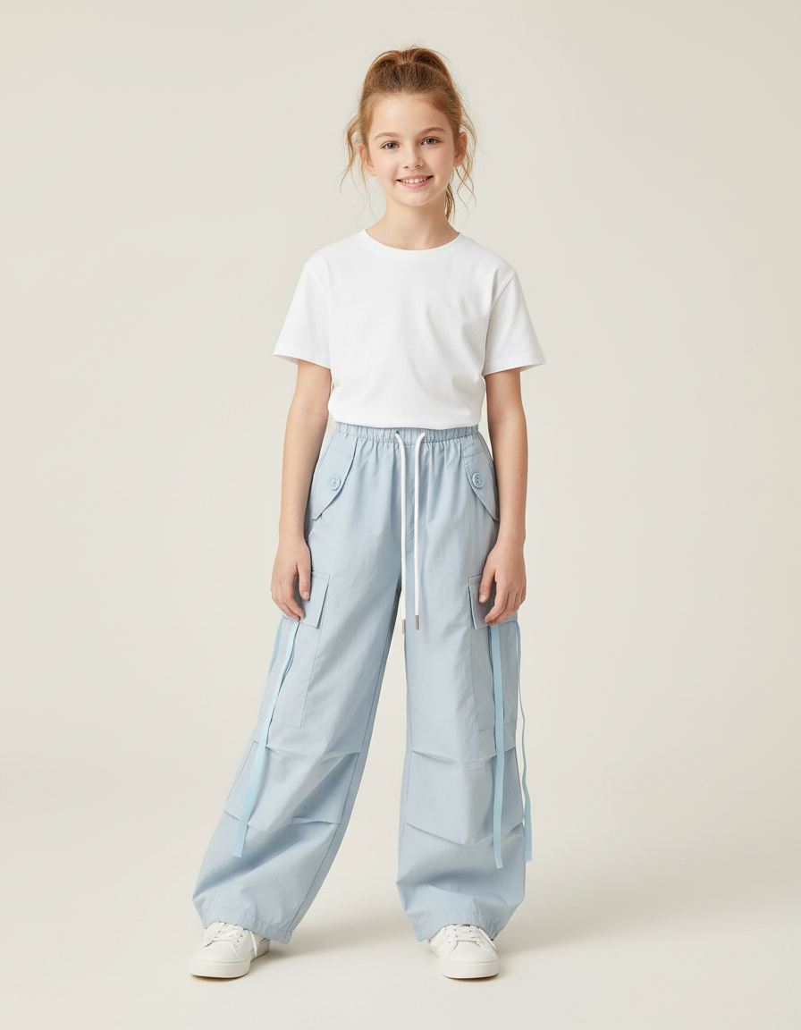 Pantalon Cargo Bleu Ciel Ample Poches Cordon Fille - Coton