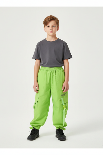Pantalon Cargo Vert Fluo Ample Poches Enfant - Polyester