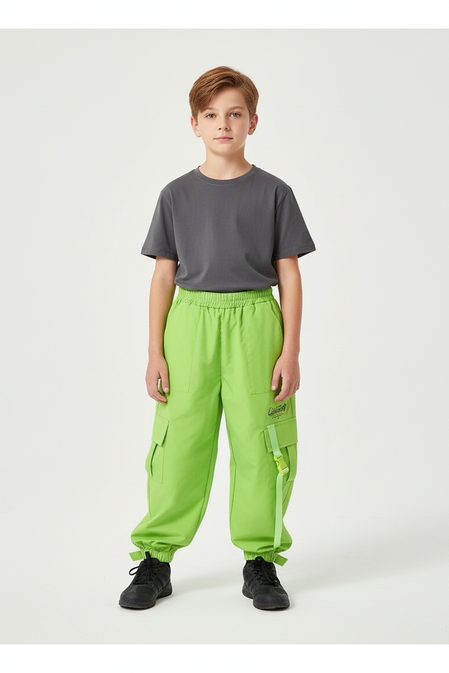 Pantalon Cargo Vert Fluo Ample Poches Enfant - Polyester