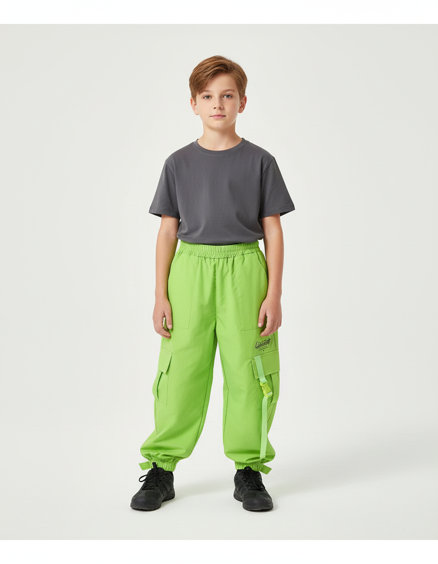 Pantalon Cargo Vert Fluo Ample Poches Enfant - Polyester
