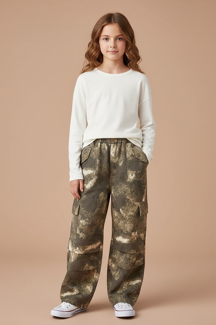 Pantalon Cargo Camouflage Ample Kaki Multipoches Fille - Toile