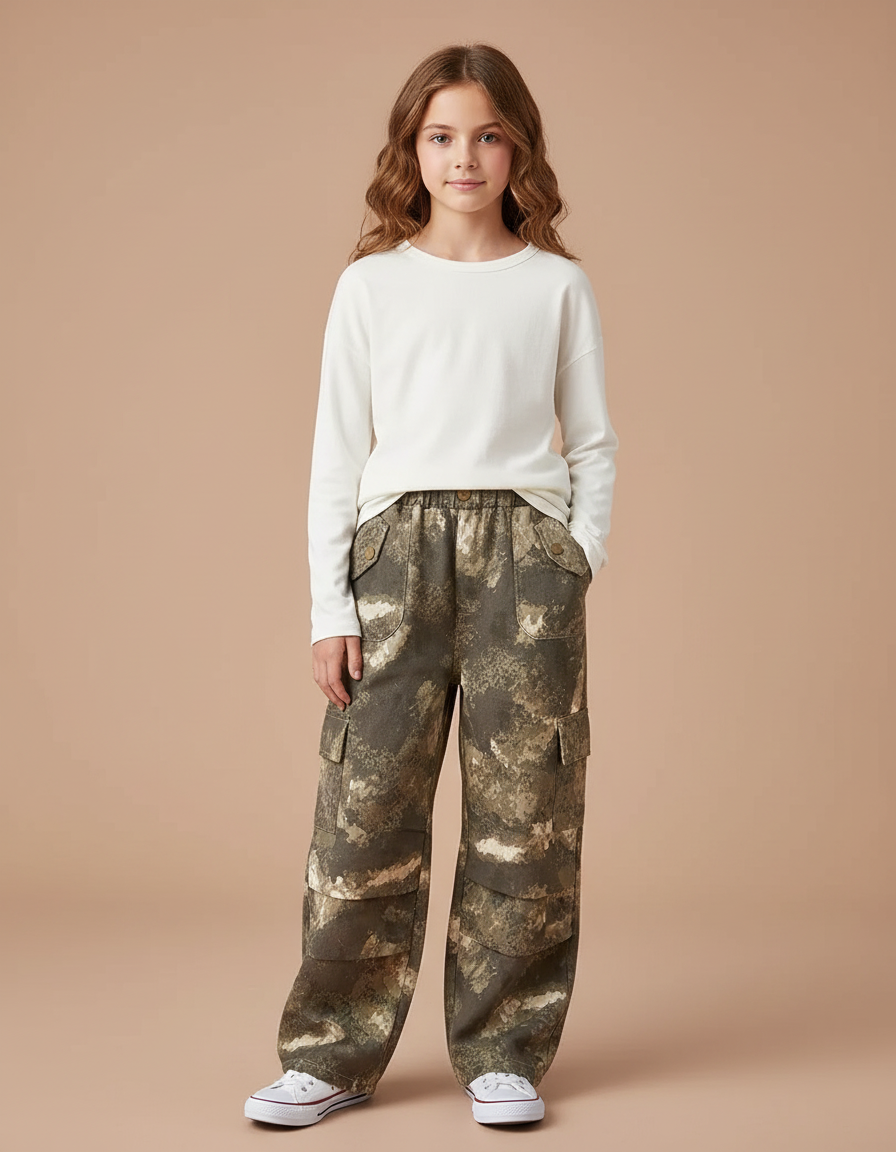 Pantalon Cargo Camouflage Ample Kaki Multipoches Fille - Toile