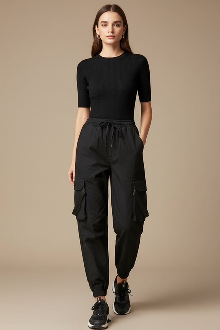 Pantalon Cargo Noir Ample Jogger Femme - Toile