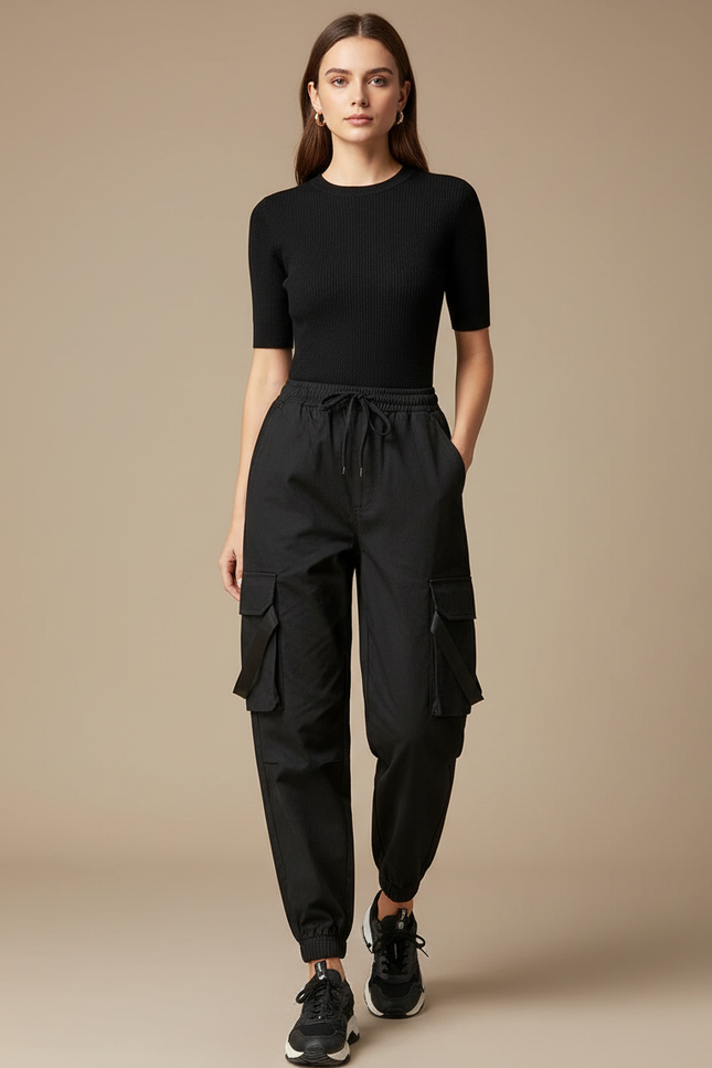 Pantalon Cargo Noir Ample Jogger Femme - Toile