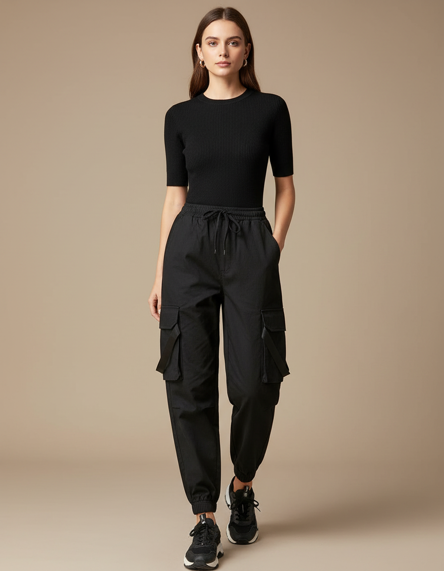 Pantalon Cargo Noir Ample Jogger Femme - Toile
