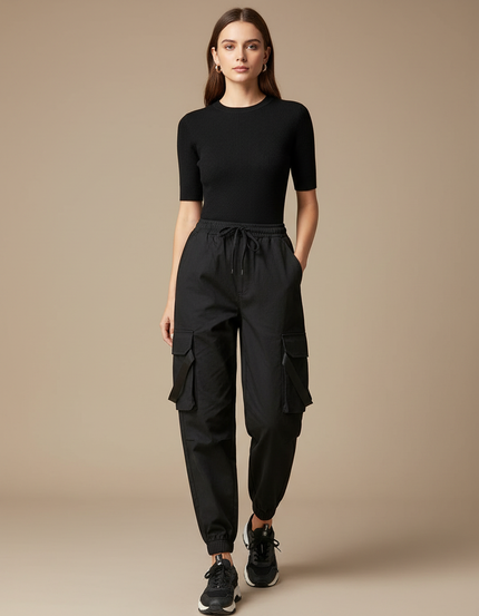 Pantalon Cargo Noir Ample Jogger Femme - Toile