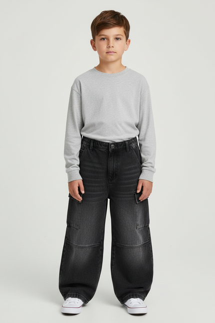 Pantalon Cargo Noir Dégradé Ample Garçon Denim - Jean