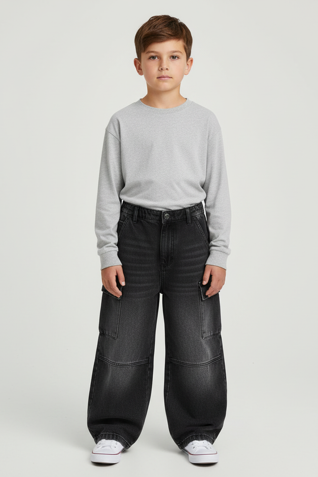 Pantalon Cargo Noir Dégradé Ample Garçon Denim - Jean