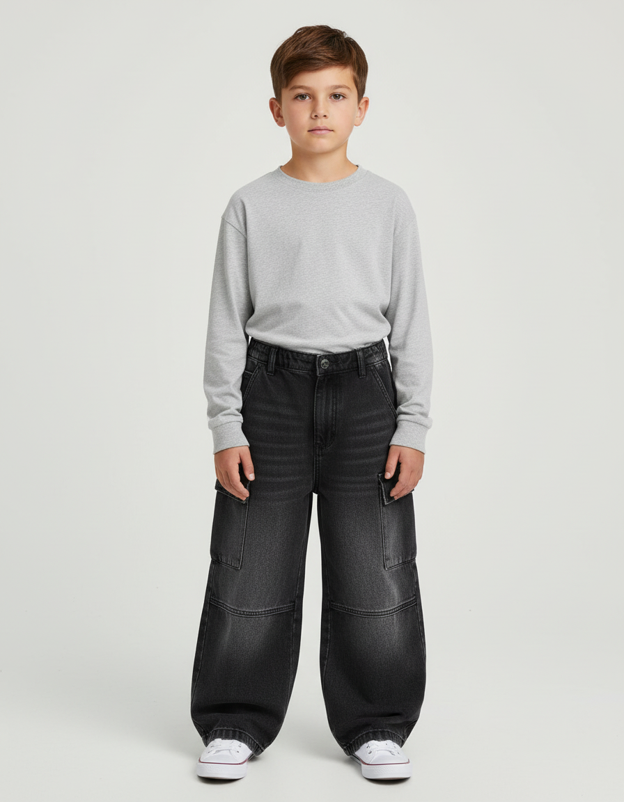 Pantalon Cargo Noir Dégradé Ample Garçon Denim - Jean