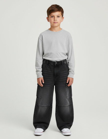 Pantalon Cargo Noir Dégradé Ample Garçon Denim - Jean