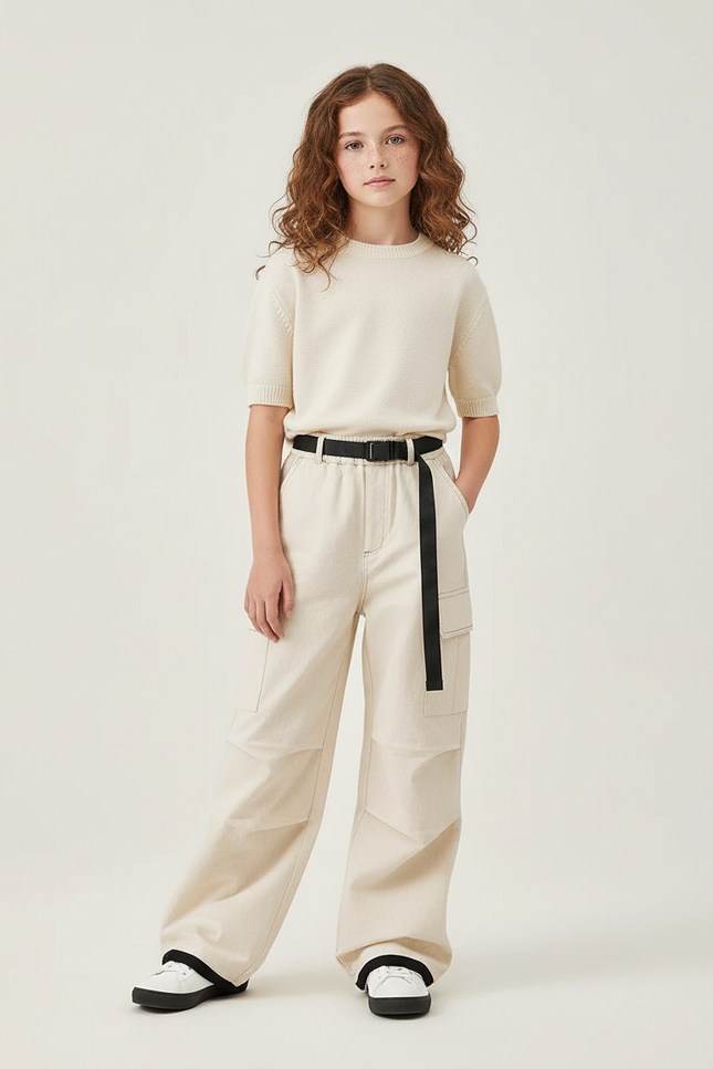 Pantalon Cargo Beige Ample Ceinturé Multipoches Enfant - Toile