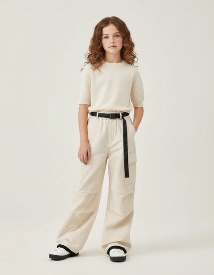 Pantalon Cargo Beige Ample Ceinturé Multipoches Enfant - Toile