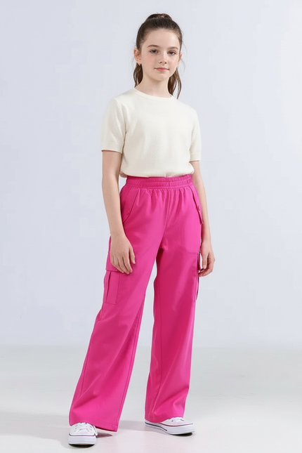 Pantalon Cargo Fuchsia Ample Fluide Fille - Rose Polyester