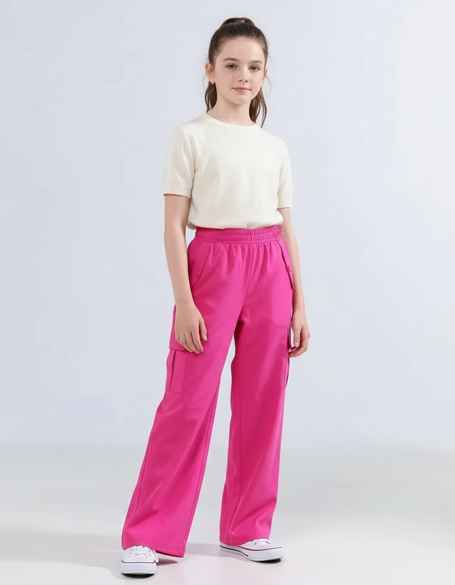 Pantalon Cargo Fuchsia Ample Fluide Fille - Rose Polyester
