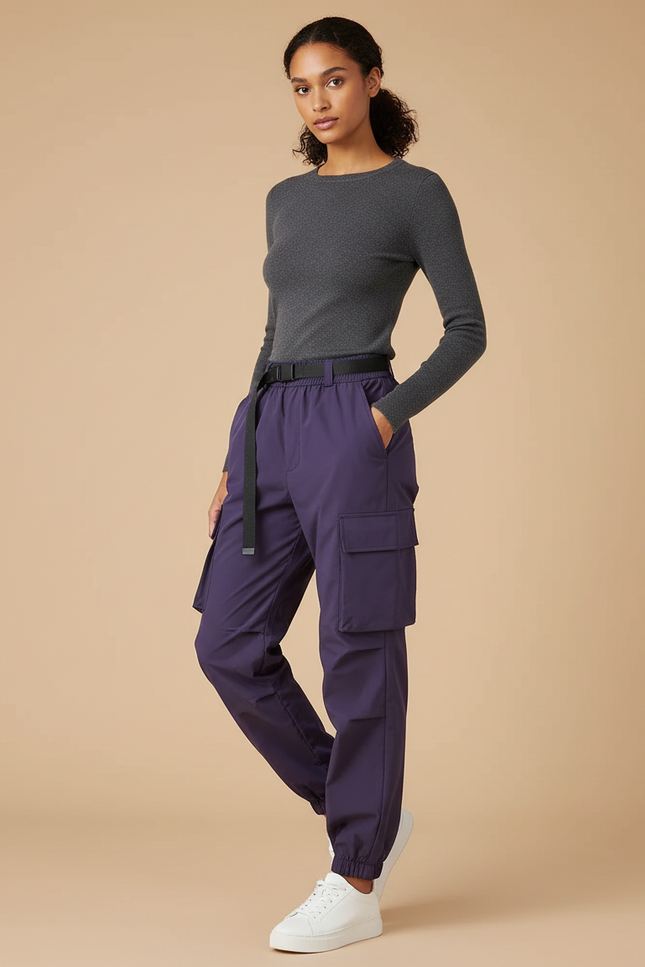 Pantalon Cargo Violet Taille Haute Élastique Femme - Polyester