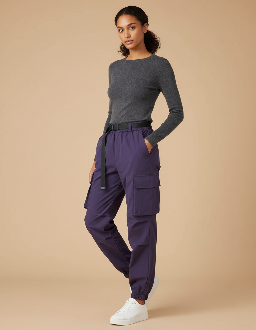 Pantalon Cargo Violet Taille Haute Élastique Femme - Polyester