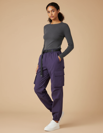 Pantalon Cargo Violet Taille Haute Élastique Femme - Polyester