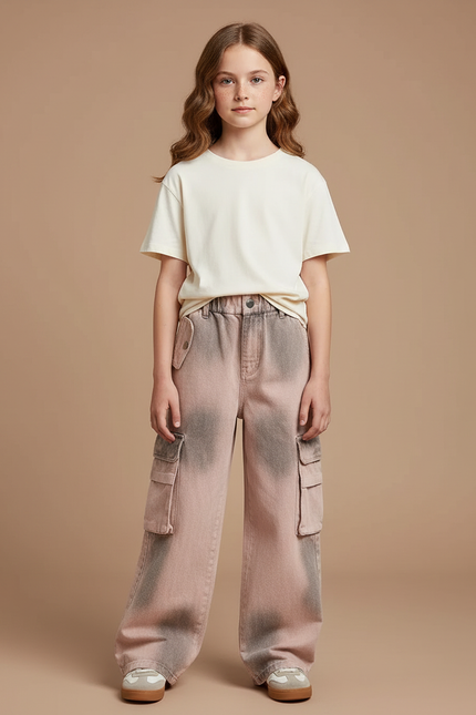 Pantalon Cargo Rose Délavé Ample Poches Fille - Jean
