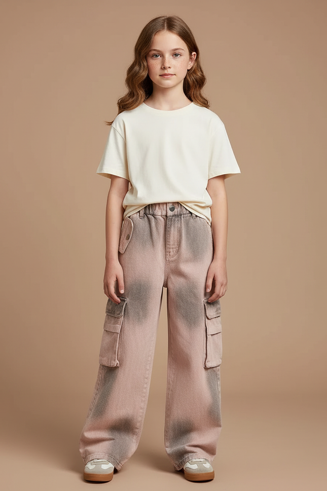 Pantalon Cargo Rose Délavé Ample Poches Fille - Jean