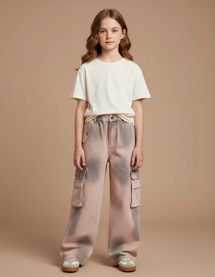 Pantalon Cargo Rose Délavé Ample Poches Fille - Jean
