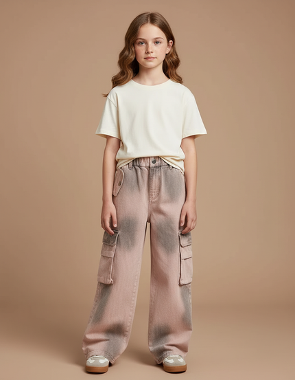 Pantalon Cargo Rose Délavé Ample Poches Fille - Jean