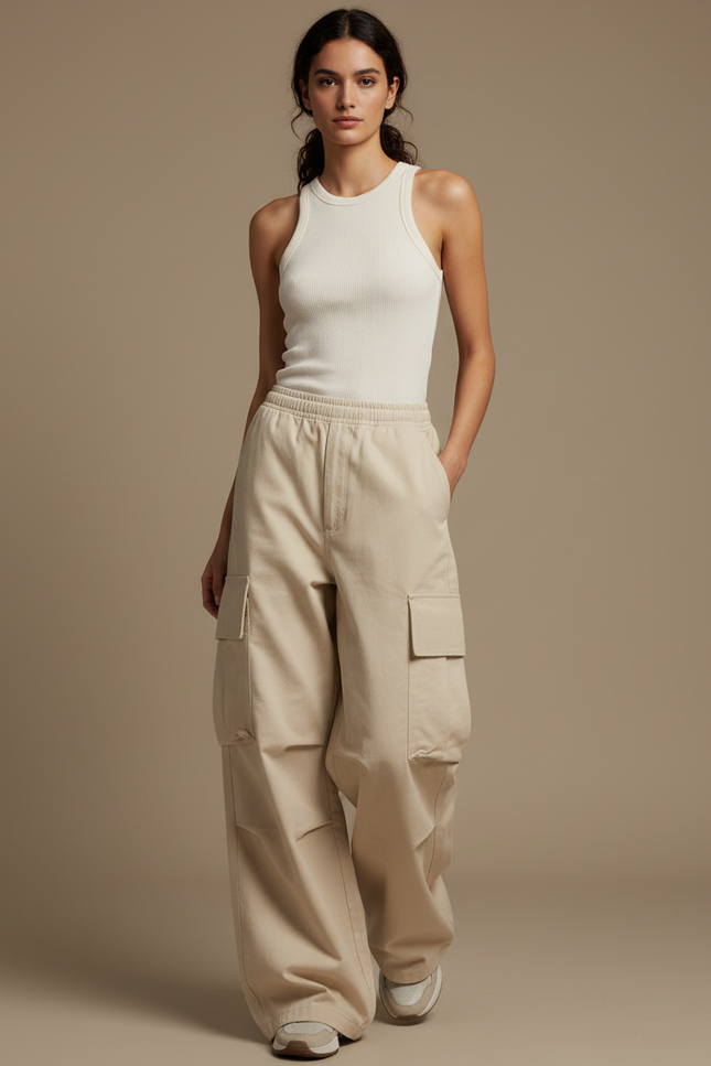 Pantalon Cargo Beige Ample Multi-Poches Streetwear Femme - Toile