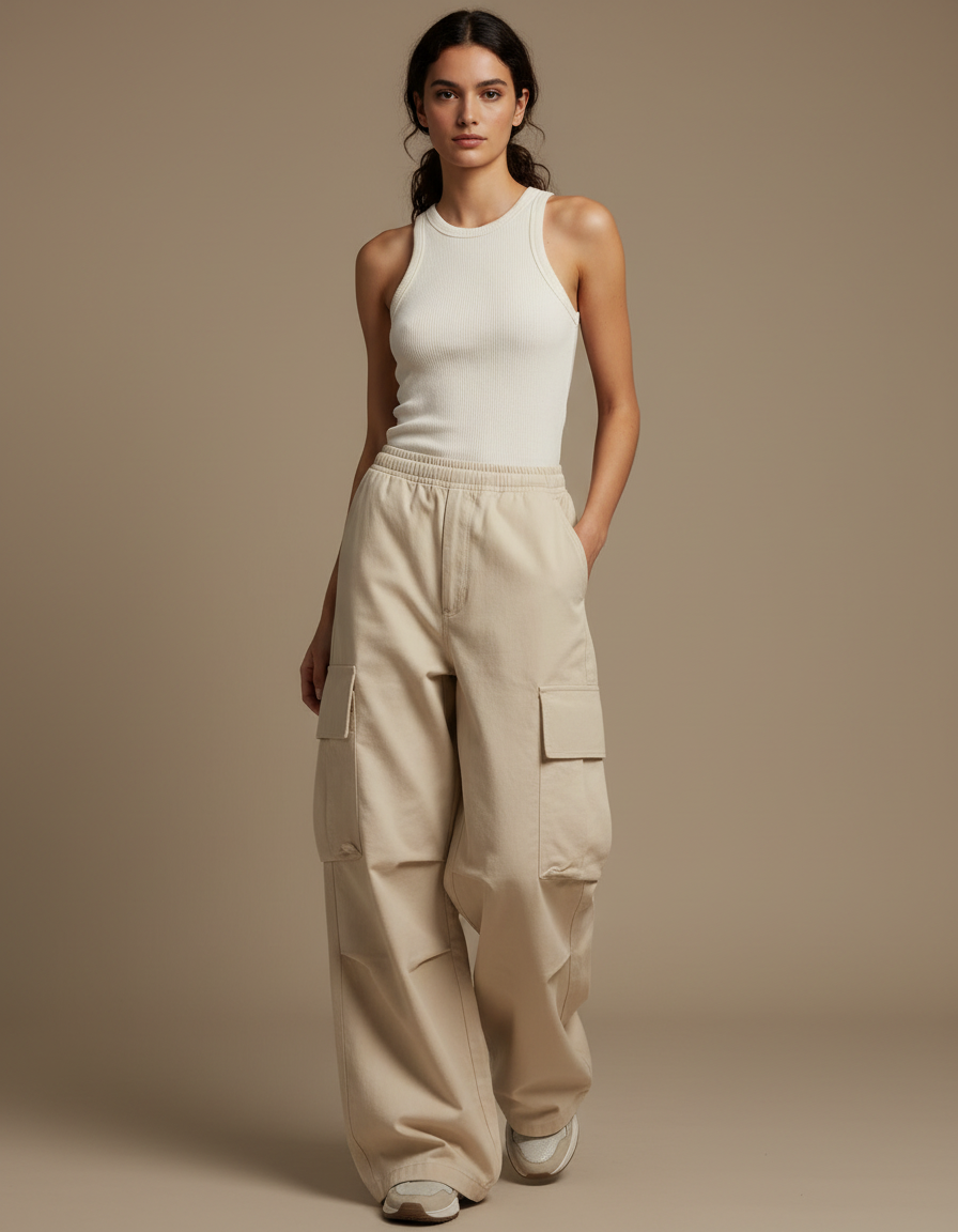 Pantalon Cargo Beige Ample Multi-Poches Streetwear Femme - Toile