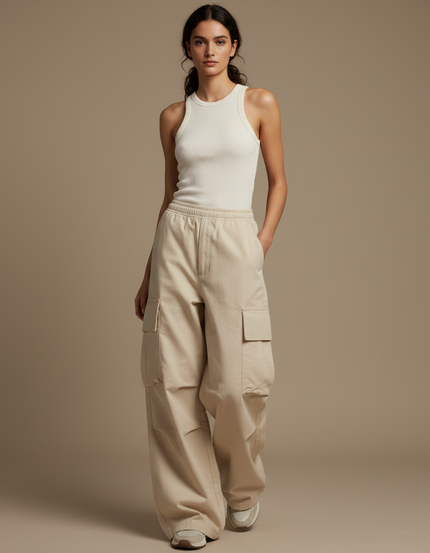 Pantalon Cargo Beige Ample Multi-Poches Streetwear Femme - Toile