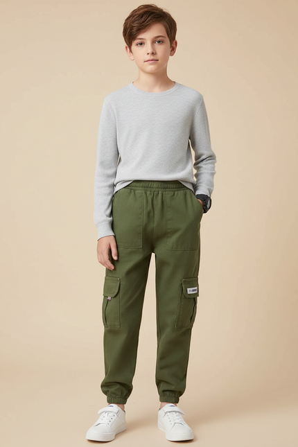 Pantalon Cargo Vert Militaire Harem Multipoches Garçon - Kaki Toile