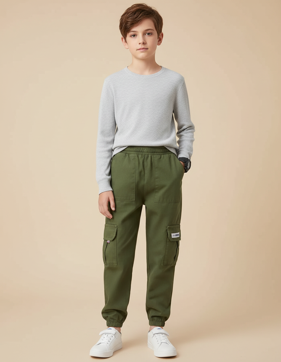 Pantalon Cargo Vert Militaire Harem Multipoches Garçon - Kaki Toile