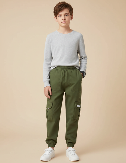 Pantalon Cargo Vert Militaire Harem Multipoches Garçon - Kaki Toile
