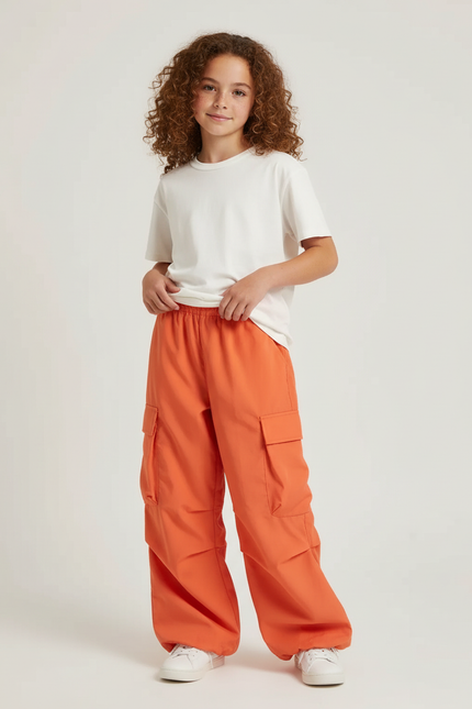 Pantalon Cargo Orange Ample Décontracté Multipoches Fille - Polyester