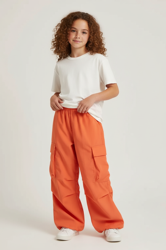 Pantalon Cargo Orange Ample Décontracté Multipoches Fille - Polyester