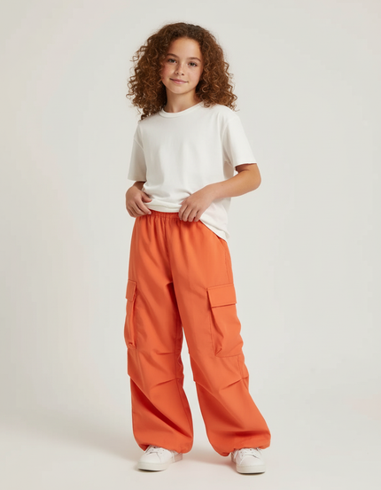 Pantalon Cargo Orange Ample Décontracté Multipoches Fille - Polyester