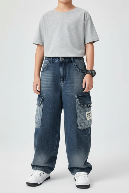Pantalon Cargo Denim Ample Multipoches Décontracté Enfant - Bleu Jean